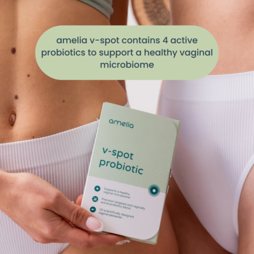 Two women hold the V-spot vaginal probiotic box