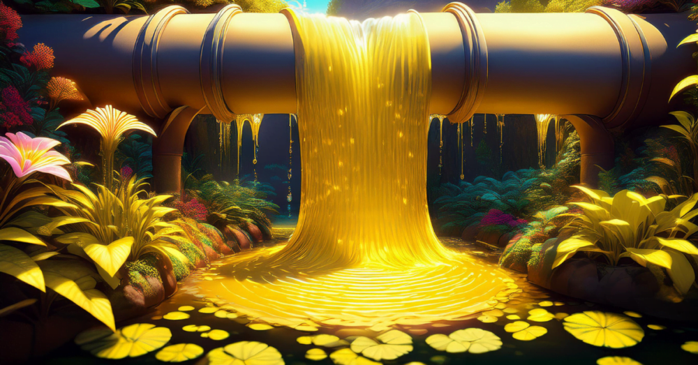 Two pipes spew out yellow liquid into a pond. It's a metaphor for stress causing UTI, but in a loose abstract way!