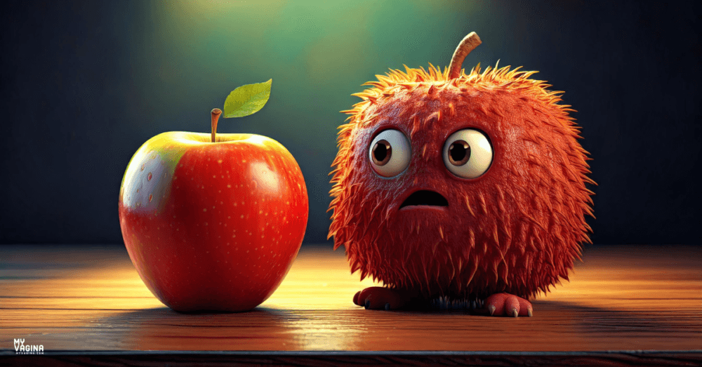 A small cute monster stares at an apple sitting on a table. Sad, becuase it can't eat it, because it has so much fructose.