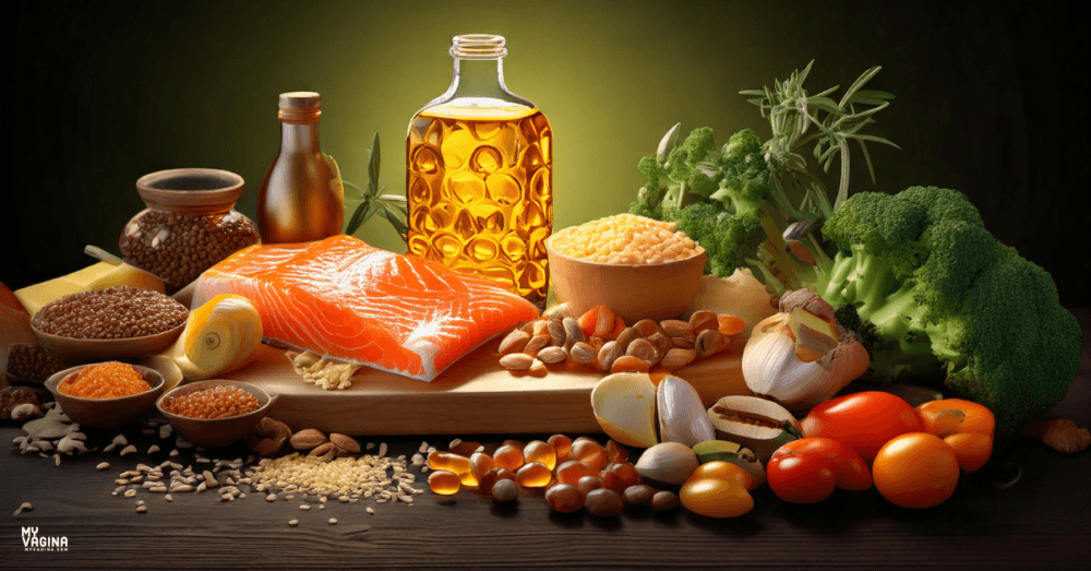 Table laden with high omega-3 foods, salmon, nuts, capsules, oils.