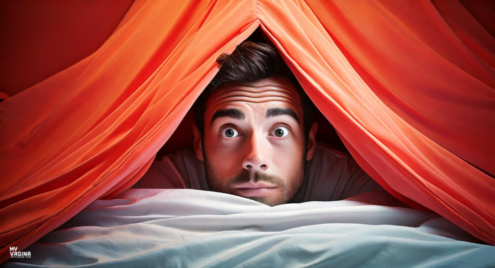 A trans man snuggled in bed with a blanket tent above him.