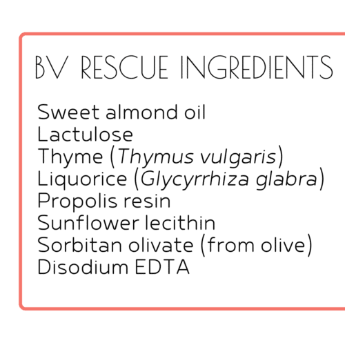 Back of label of BV Rescue BV treatment