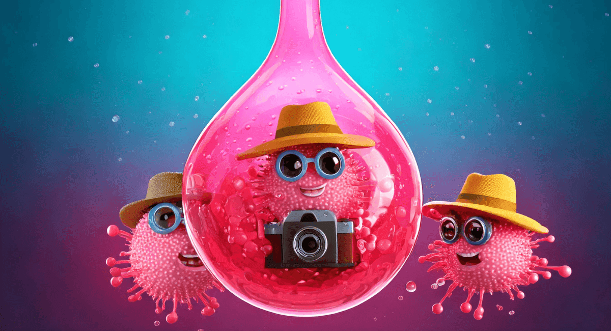 A cute tourist (pathogen) bacteria sits snug in a dew drop of biofilm.