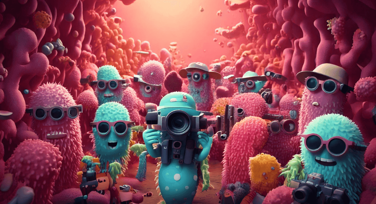 A group of cute bacteria are on vacation in someone's vagina, taking photos and hanging around like tourists.