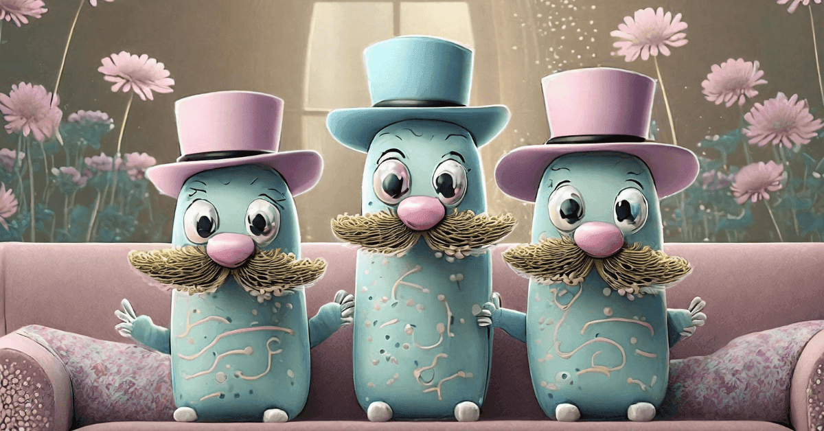 Three cuties in top hats with moustaches sit on a couch in all pastels.