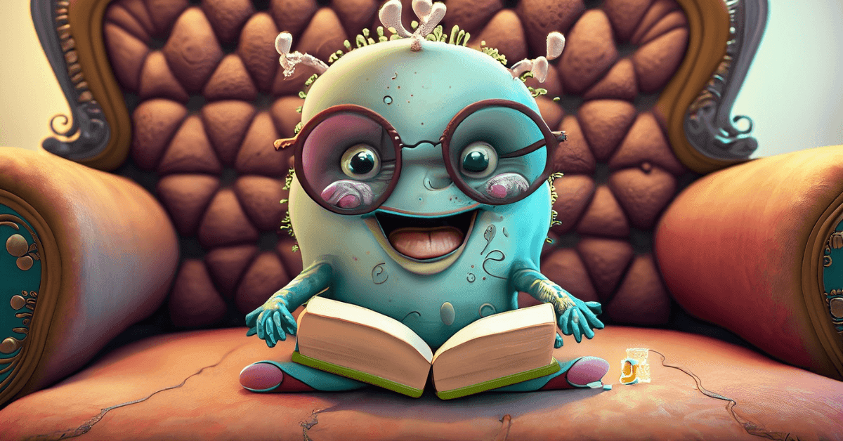 A happy bacteria reads a book in a big comfy chair