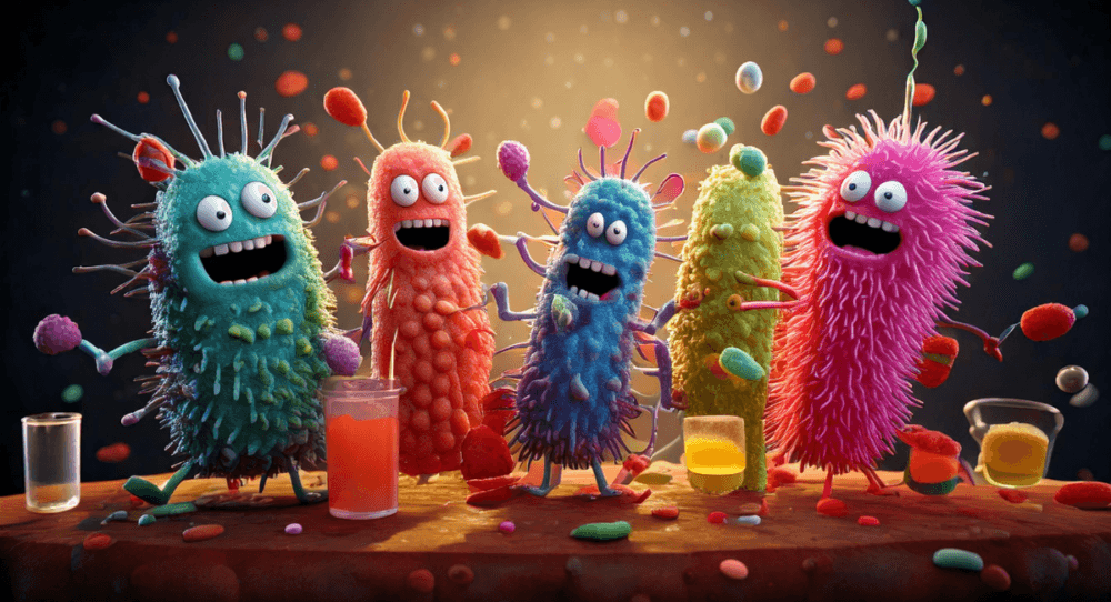 Five funny looking UTI bacteria are drunk, having a party in someone's urinary tract, causing mischief.