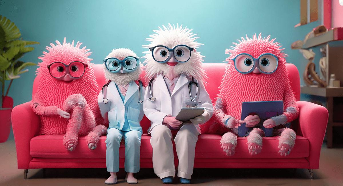 a group of cute monster doctors and naturopaths sit together on a couch in their integrative clinic, excited to learn about vaginas.