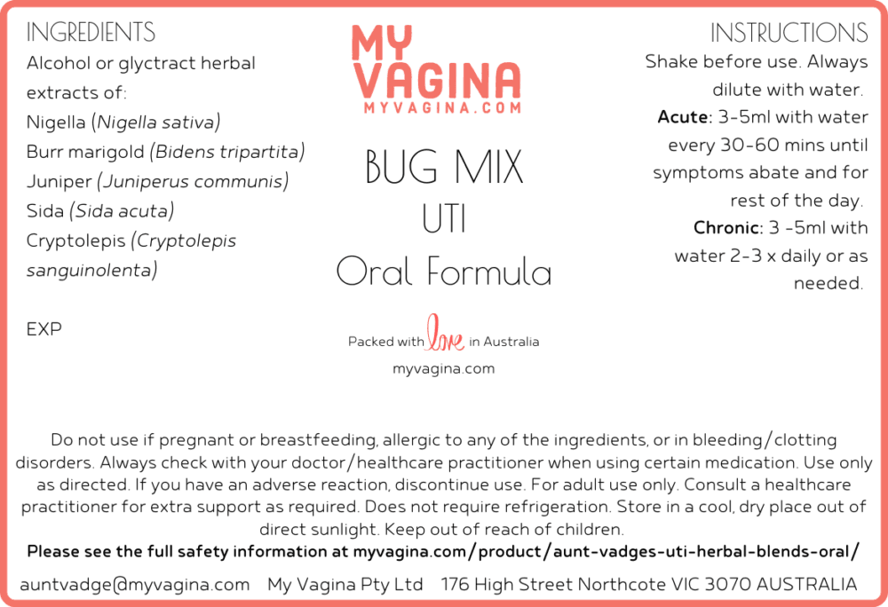 Oral UTI Formula Herbal Blend label with safety and dosage instructions. Bug Mix.