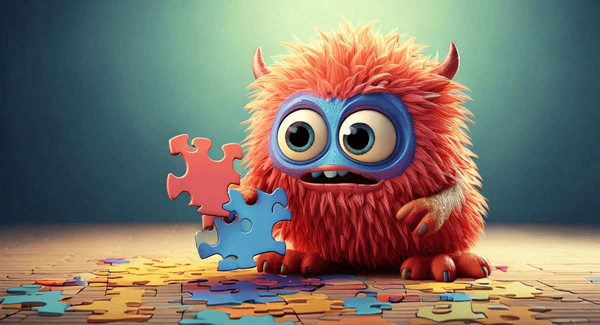 A very cute but very confused bacteria picks up the pieces of a puzzle and tries to assemble it in perimenopause, making neither heads nor tails of it.