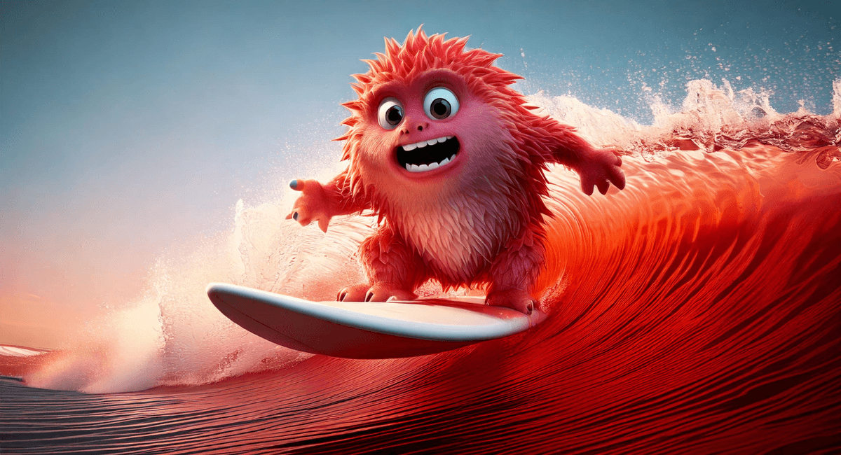 A cute and a little bit scared monster rides a surfboard on the red sea. PMS, PMDD treatments await!