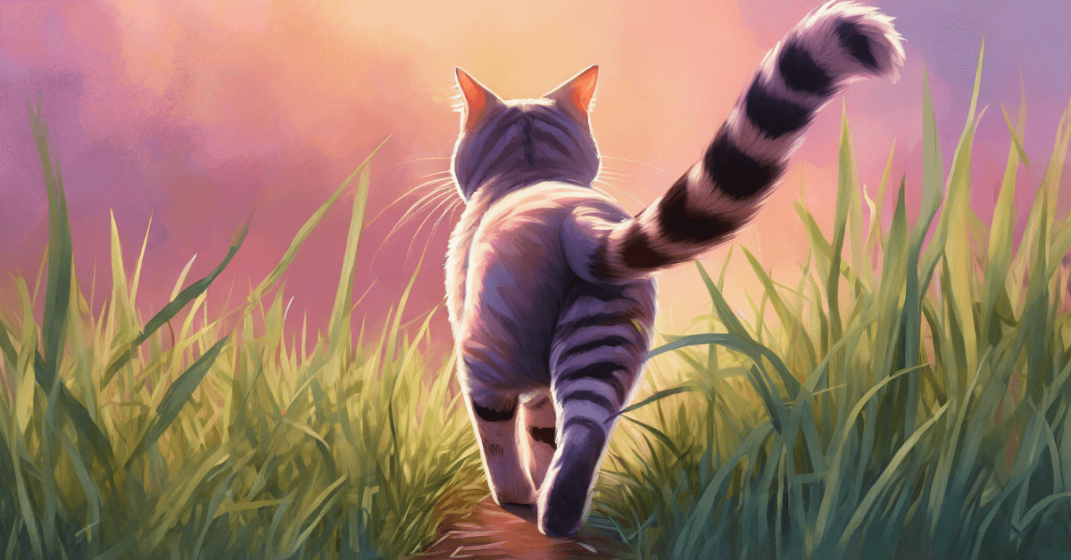 Cat walking away from us into the setting sun with its tail in the air, nonchalant.
