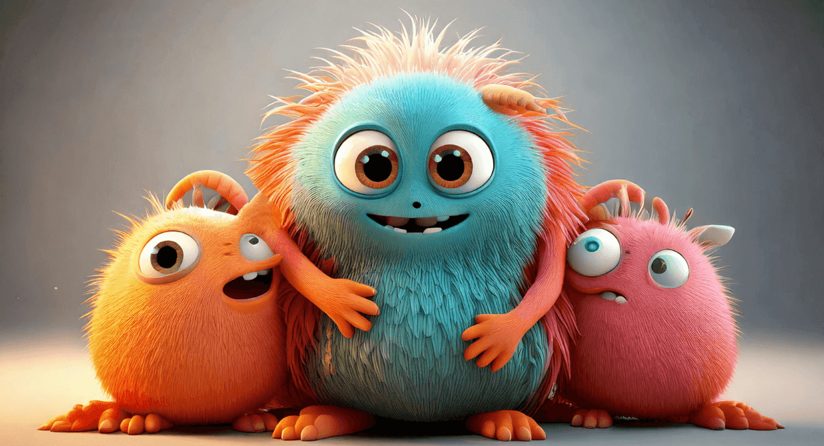 Parent cute monster and two funny looking little wild eyed babies on each side.