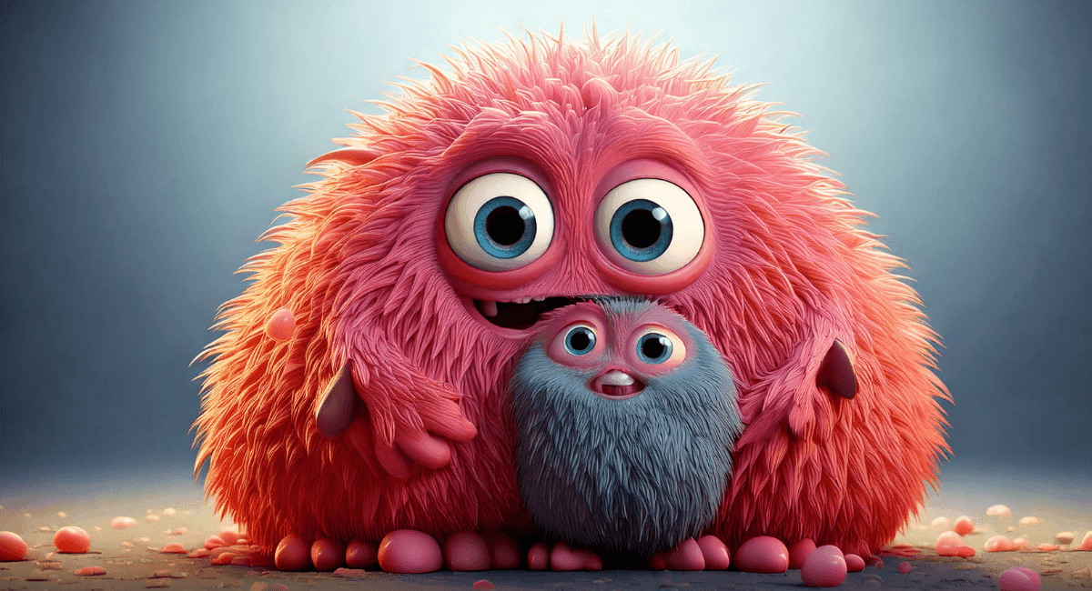 Cute monster parent and baby having a snuggle.