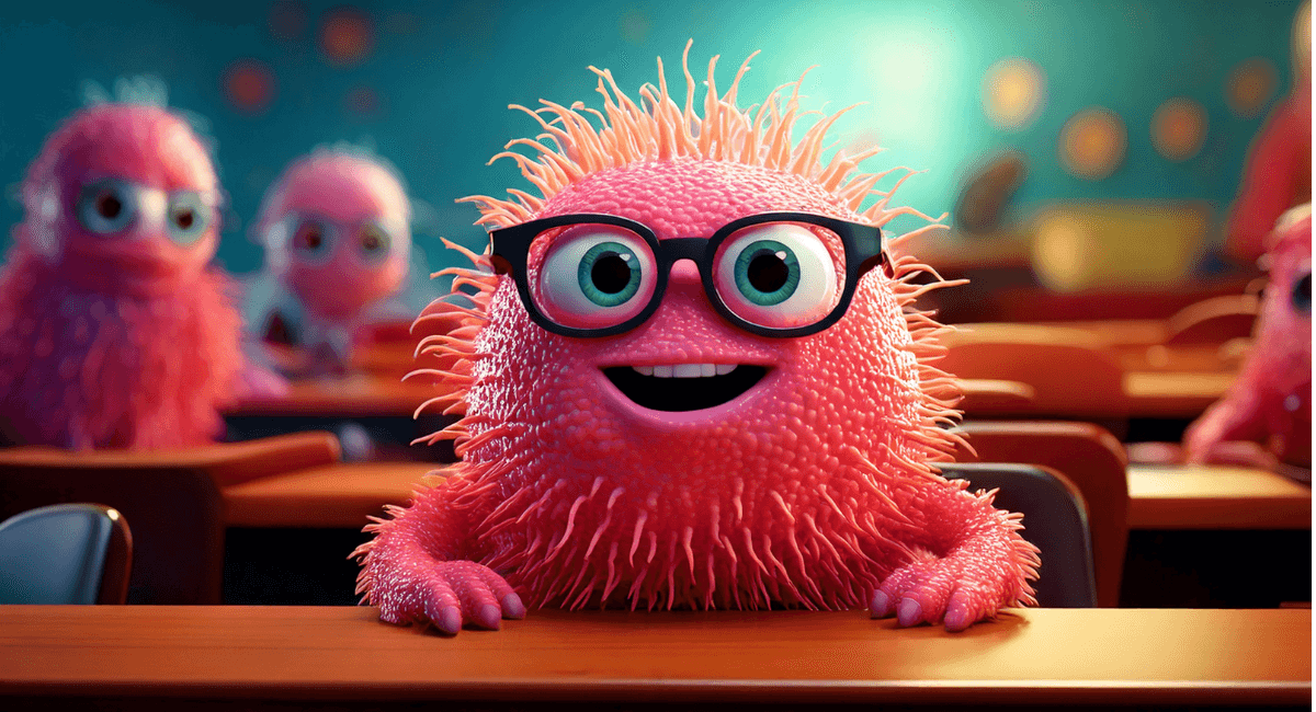 A super cute monster wearing reading glasses is the nerd up the front completely engrossed in what the teacher - a My Vagina naturopath - is teaching them.