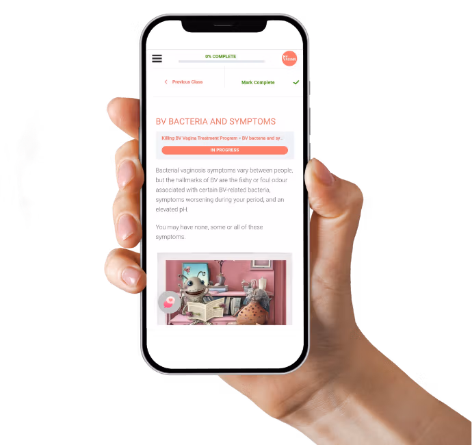 Hand holding a smartphone showing the Killing BV Vagina Treatment Program lesson 'BV bacteria and symptoms' at 0% complete