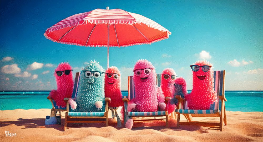 Happy vaginal bacteria having a nice holiday on a sunny beach together after successfully fighting BV with the help of My Vagina's natural remedies