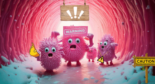 A group of cute, but worried bacteria hold up signs inside the vagina warning of BV