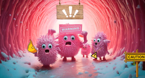 A group of cute, but worried bacteria hold up signs inside the vagina warning of BV