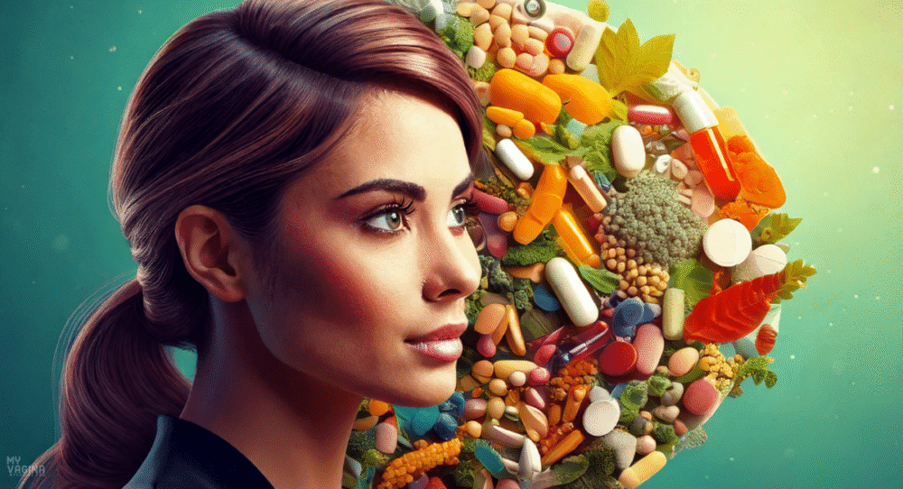 A woman stands in front of a pile of over the counter bacterial vagniosis treatments
