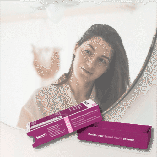 Outside of the STI test kit for chlamydia and gonorrhoea, woman looks in mirror