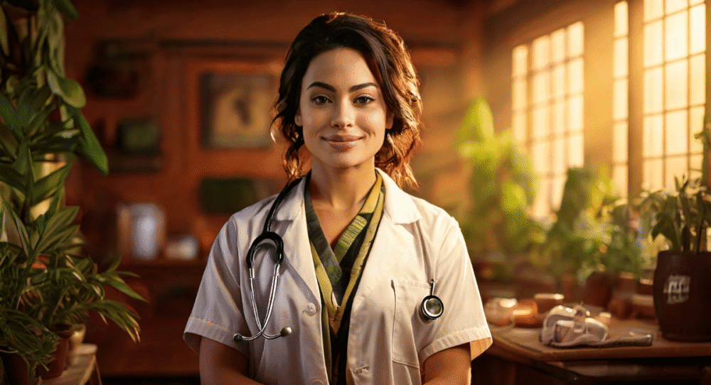 A pretty female doctor stands in the dispensary, with many treatments for AV, from antibiotics to herbal treatments.