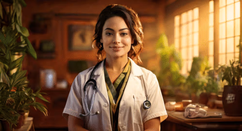 A pretty female doctor stands in the dispensary, with many treatments for AV, from antibiotics to herbal treatments.