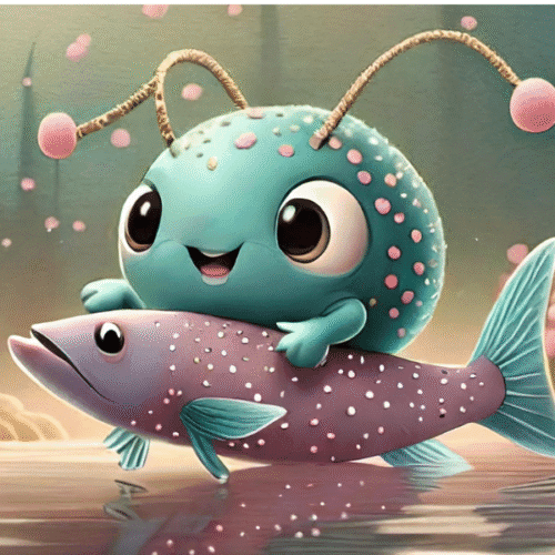 Illustration of a friendly microbe character representing bacterial vaginosis, sitting on a fish symbolising imbalance.