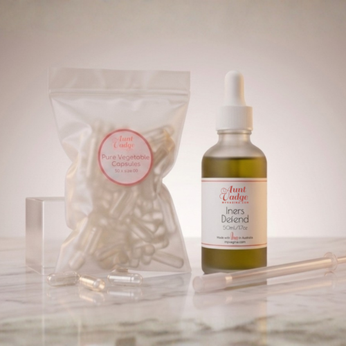 A bottle of Iners Defend formula, vegetable capsules and applicator sit on the bathroom bench ready to help restore a healthy vaginal microbiome.