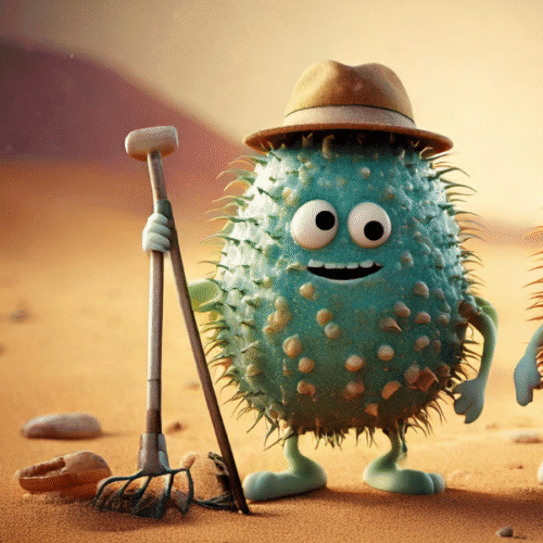 Cartoon germ character with a shovel in a desert, representing urinary tract infection symptoms like burning and urgency.