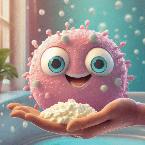 Cute pink fuzzy microbe holding a handful of yeast, symbolising yeast infection.