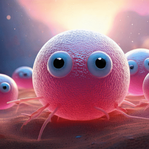 Illustration of round pink ureaplasma bacteria with big eyes, showing microscopic infection.