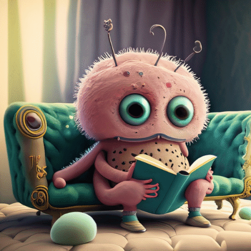 A cute bacteria reads about vaginal treatments on a nice couch