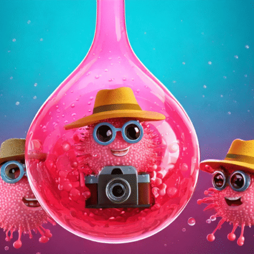A droplet containing a bacteria with a camera, like he's on holiday taking photos of YOU!