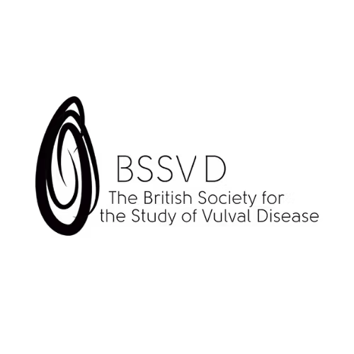 Logo of BSSVD, The British Society for the Study of Vulval Disease, with a hand-drawn oval vulva-like emblem beside the society name