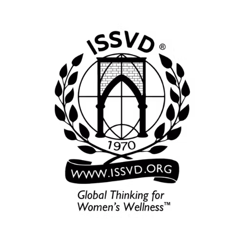Crest logo of the ISSVD founded 1970, a laurel wreath around a globe and speculum-like emblem with the tagline 'Global Thinking for Women's Wellness'