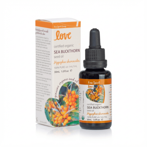 A gorgeous bottle of pure organic sea buckthorn oil for vulva and vaginal and oral use to moisturise and soothe