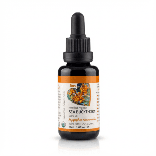 A gorgeous bottle of pure organic sea buckthorn oil for vulva and vaginal and oral use to moisturise and soothe