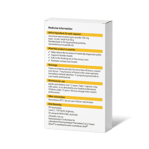 Ellura packet of high dose cranberry supplements for prevention and treatment of UTI back of pack