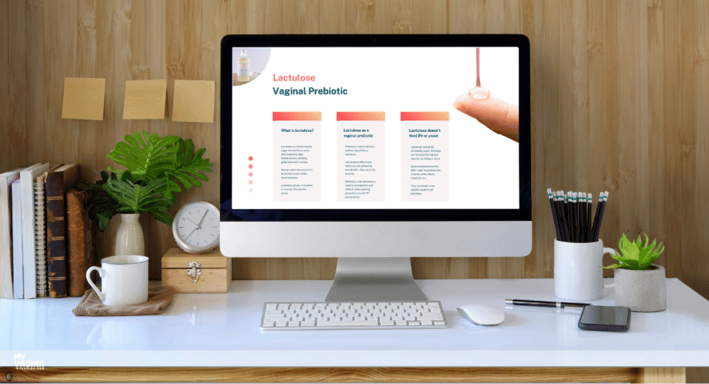 A computer shows the lessonss learning about vaginal healthcare and lactulose from My Vagina Pro