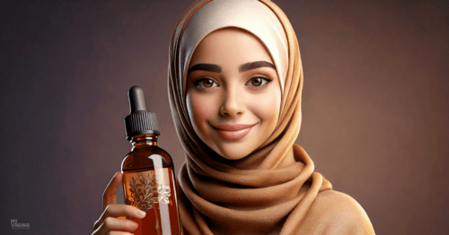 Muslim woman holding up herbs to treat vaginal infection smiling
