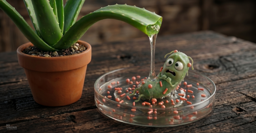An aloe vera leaf drips onto a scared bacteria in a petri dish