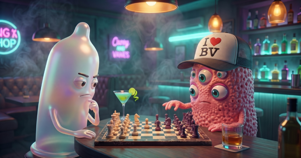 A condom and a BV bacteria play chess, trying to out manouvre each other