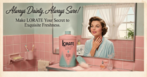 An old timey advert for a feminine hygeine powder, a white 1950s housewife looks in the mirror happily with her feminine hygeine powder at hand