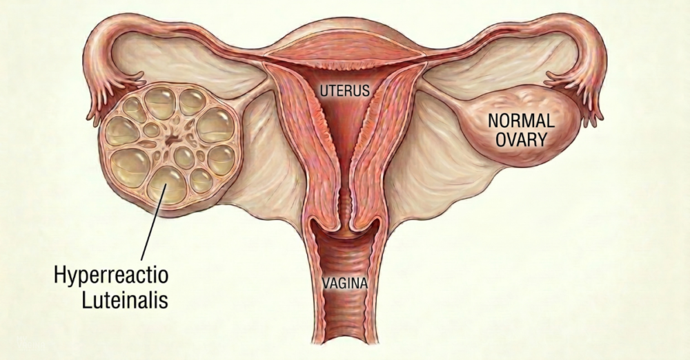 A diagram of the ovaries and uterus, showing one enlarged ovary compared with the normal sized ovary