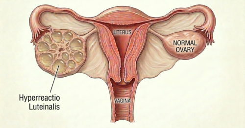 A diagram of the ovaries and uterus, showing one enlarged ovary compared with the normal sized ovary