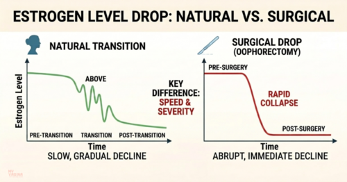 A grqph shows a wiggly line for natural menopause, where oestrogen levels fluctuate, sometimes wildly, before diminishing entirely, while with surgical menopause, oestrogen drops off suddenly, causing symptoms