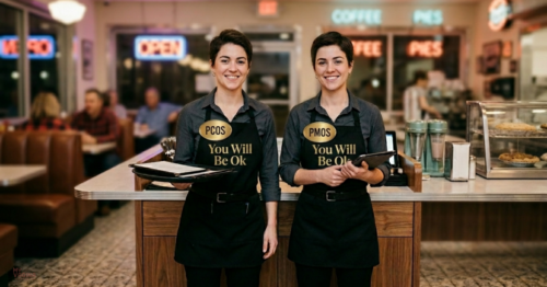 Two young lady twins, who work at the same restaurant, have name badges on and one says PCOS while the other says PMOS, to show that they're the same condition, with a new name. Their aprons say "You will be ok"
