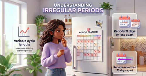 A young woman looks at a calendar on a fridge to work out how long or short or irregular her menstrual cycles are