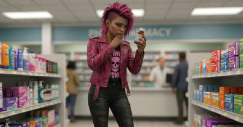 A young pretty punk woman inspects the label of the antifungal she's looking at in the chemist, to check for resistance.